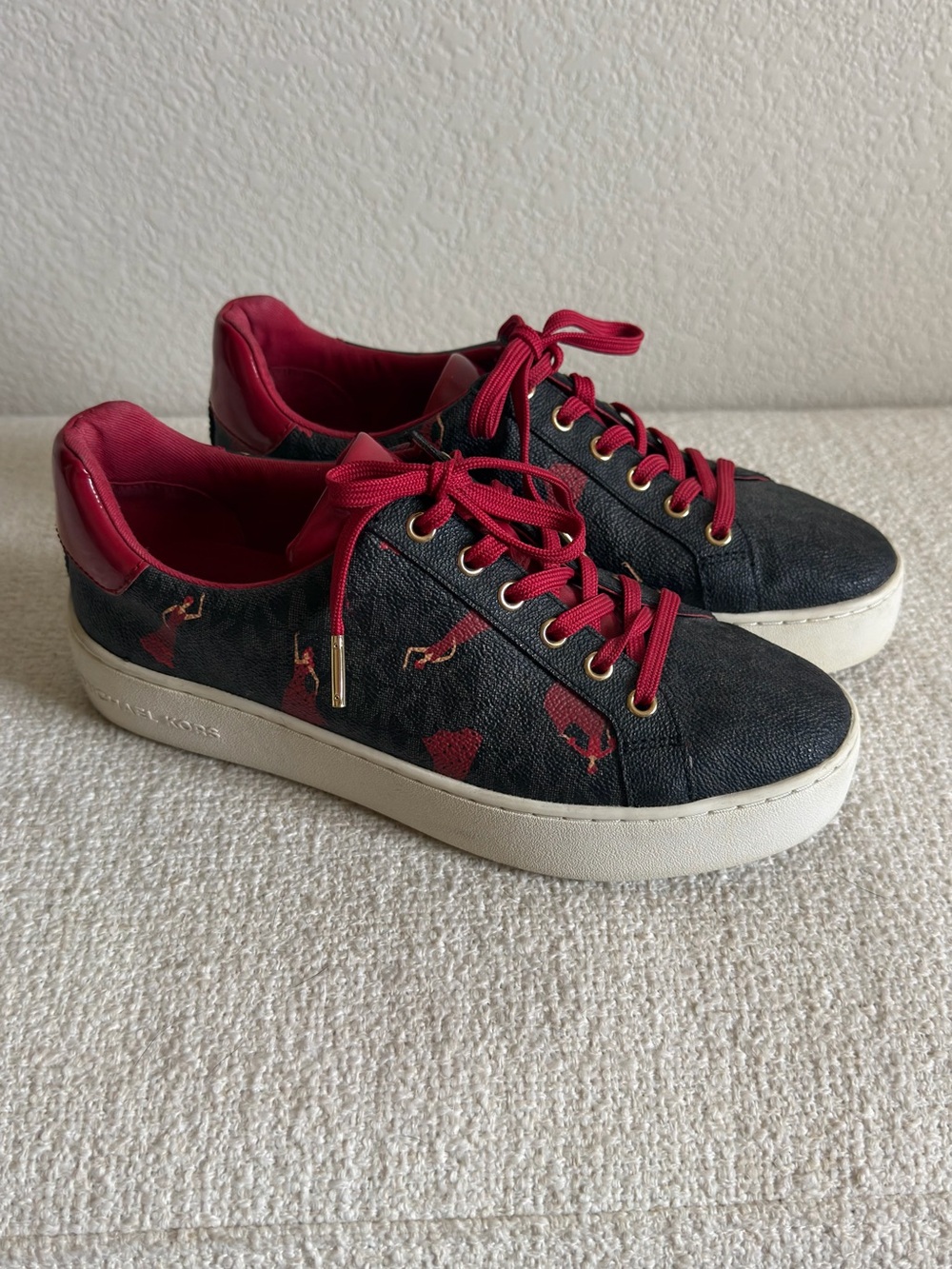 Michael Kors Black and Red Logo Print Leather Sneakers women’s 7